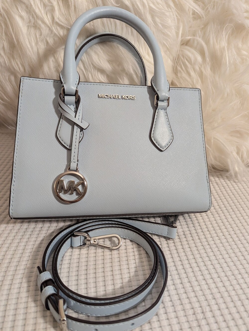 Michael Kors Pale Blue Saffiano Leather Satchel with Removable Strap